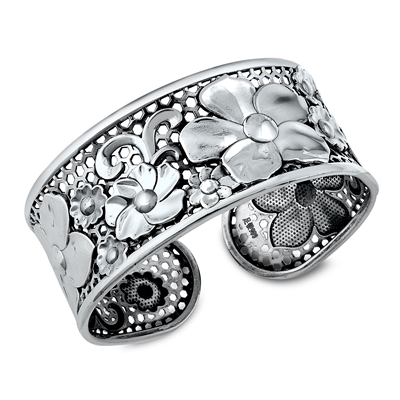 Silver Bangle Bracelet - Flowers