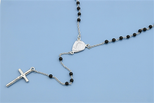 Silver Rosary Necklace - Black Beads