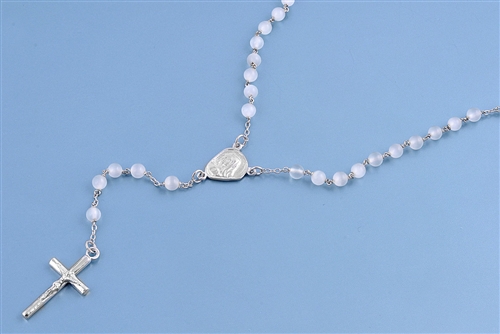 Silver Rosary Necklace - White Beads 4mm