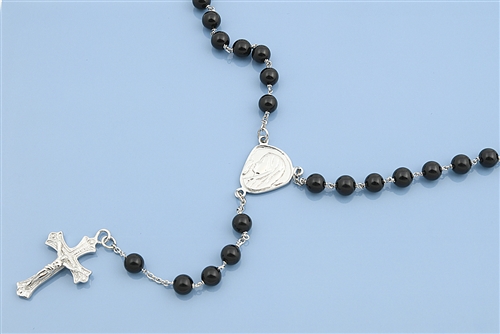 Silver Rosary Necklace - Black Beads 5mm