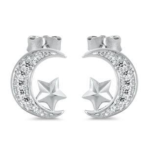 Silver CZ Earring - Moon and Star