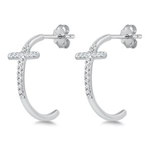 Silver Stud Earrings - Half Hoop Cross