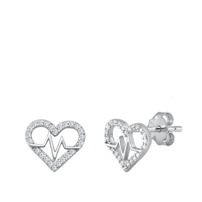 Silver CZ Earrings - EKG Heartbeat