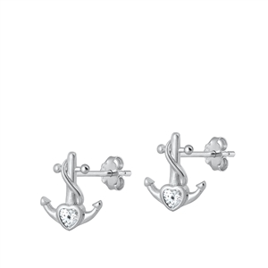 Silver CZ Earrings - Anchor & Heart
