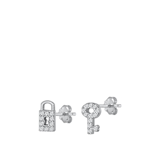 Silver CZ Earrings - Lock & Key