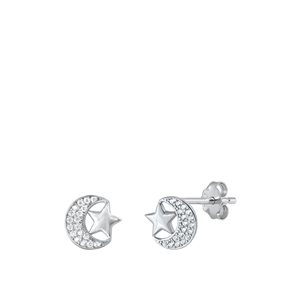 Silver CZ Earrings - Moon & Star