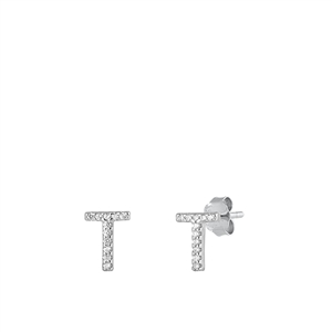 Silver CZ Initial Earrings - T