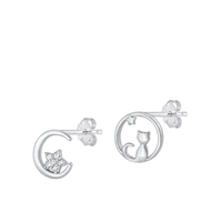 Silver CZ Earrings - Moon & Cat