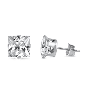 Square Clear CZ Stud Earrings - Stamping - Rhodium Plated
