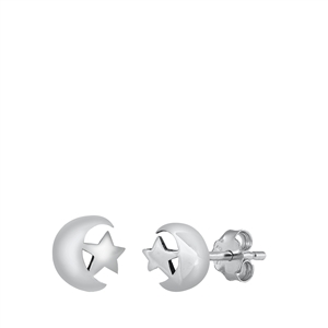 Silver Stud Earrings -  Moon & Star