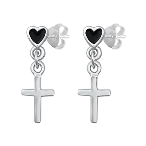 Silver CZ Earrings - Cross & Heart