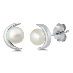 Silver Stud Earrings - Moon & Pearl