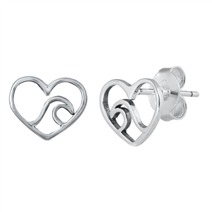 Silver Stud Earrings - Heart & Wave