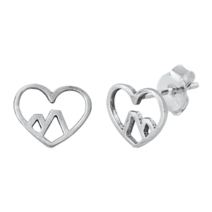 Silver Stud Earrings - Heart & Mountain