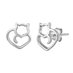 Silver Stud Earrings - Cat & Heart