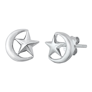 Silver Stud Earrings - Moon and Star