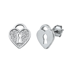 Silver Stud Earrings - Heart Lock