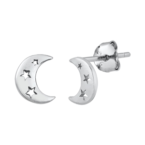 Silver Stud Earrings - Moon with Stars