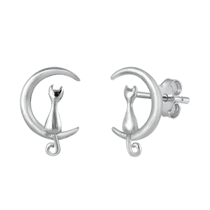 Silver Stud Earrings - Cat on Moon