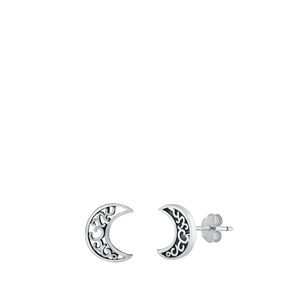 Silver Stud Earrings - Filigree Moon