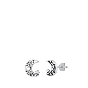 Silver Stud Earrings - Moon and Star