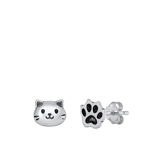 Silver Stud Earrings - Cat & Paw Print