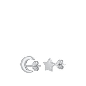 Silver Stud Earrings - Moon and Star