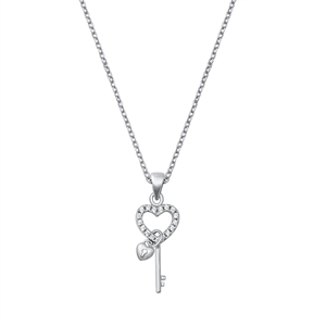 Silver CZ Necklace - Heart and Key