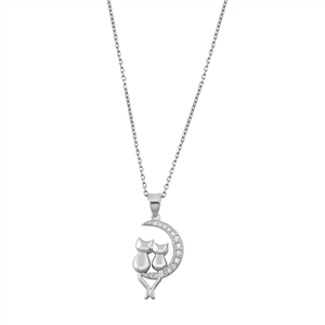Silver Necklace - Cats & Crescent Moon