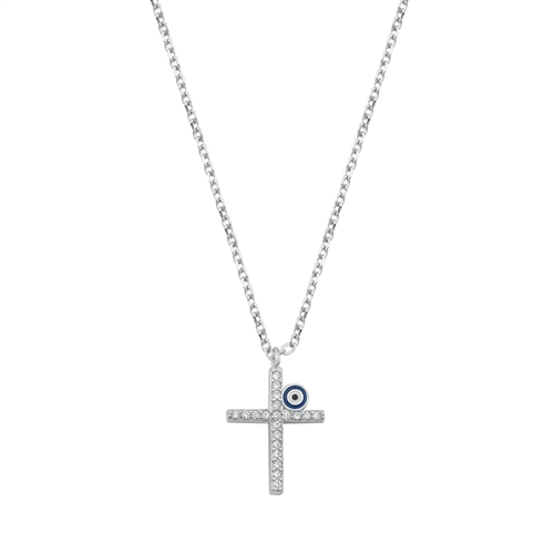 Silver CZ Necklace - Cross & Evil Eye