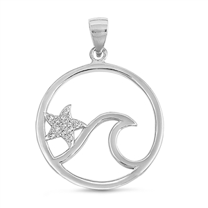 Silver Pendant W/ CZ - Ocean Wave and Starfish