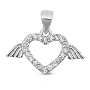 Silver CZ Pendant - Heart w/ Wings