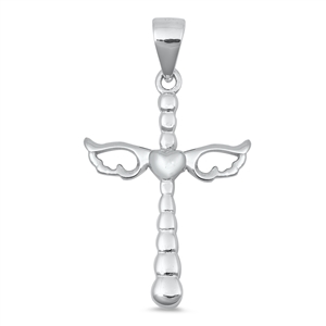 Silver CZ Pendant - Cross Heart with Wings