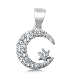 Silver CZ Pendant - Crescent Moon & Star