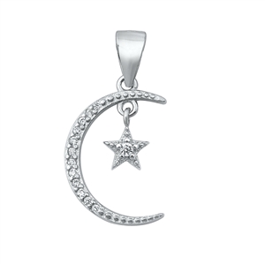 Silver CZ Pendant - Moon and Dangling Star