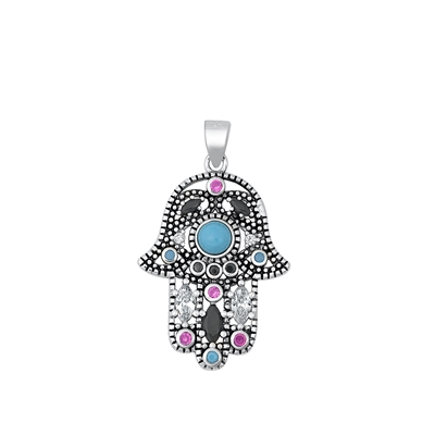 Silver CZ Pendant - Bejeweled Hamsa