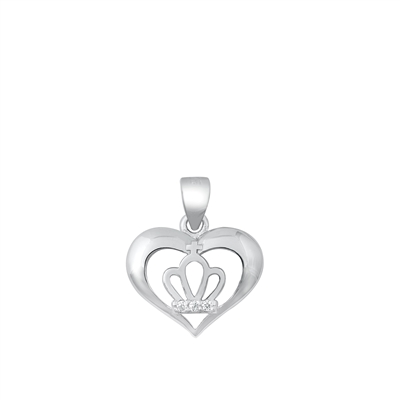 Silver CZ Pendant - Crown in Heart