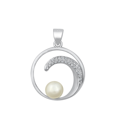 Silver CZ Pendant - Pearl & Wave