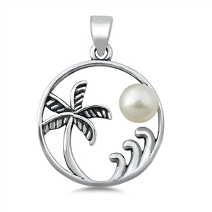 Silver Pearl Pendant - Palm Tree & Waves