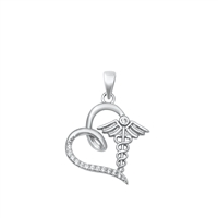 Silver CZ Pendant - Heart Caduceus