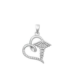 Silver CZ Pendant - Heart Caduceus