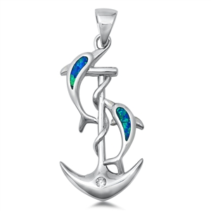 Silver Lab Opal Pendant - Anchor & Dolphins