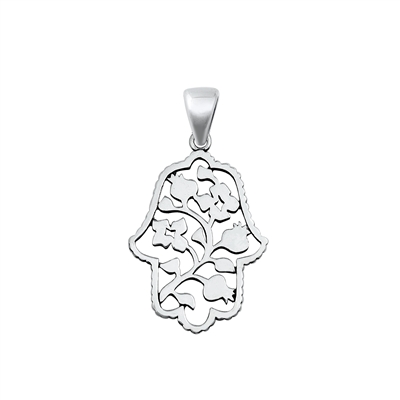 Silver Pendant - Hamsa & Flowers