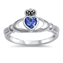 Silver Claddagh Ring - Blue Sapphire CZ