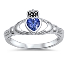 Silver Claddagh Ring - Blue Sapphire CZ