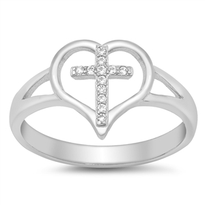 Silver Ring W/ CZ - Cross in Heart