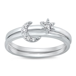 Silver CZ Ring - Moon and Twinkle Star