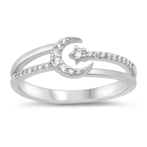 Silver CZ Ring - Moon and Star