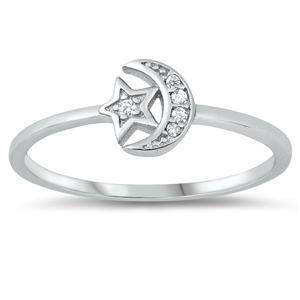 Silver CZ Ring - Moon and Star