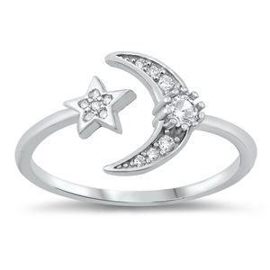 Silver CZ Ring - Moon and Star